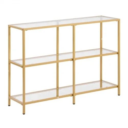 3-Tier Glass Console Table, Modern Rectangle Sofa Side Table with Tempered Glass Top and Iron Legs, Golden Consloe Desk with Anti-Tip Device for Living Room, Hallway, Entryway, Foyer, Golden