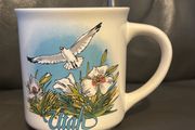 Vintage Utah Souvenir White Ceramic Coffee Mug Seagull Flowers