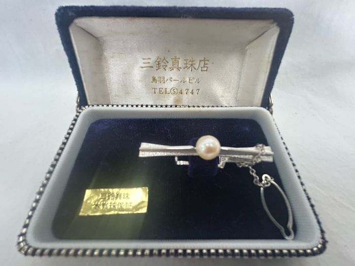 Vintage Japanese Misuzu Genuine Pearl SILVER Tie Clip Bar Boxed Toba Japan