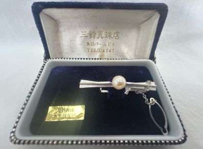 Vintage Japanese Misuzu Genuine Pearl SILVER Tie Clip Bar Boxed Toba Japan