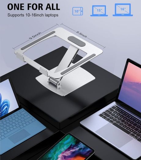 Laptop Stand Adjustable Height, Ergonomic Air-Ventilated Laptop Riser Holder for Desk, Aluminum Foldable Laptop Cooling Pads Computer Stand Compatible with MacBook Air Pro (10-16")-Silver