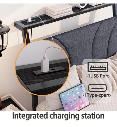 Single with LED Lights,Ergonomic Headboard with USB Charging,Bed Frames Noise-Free Metal Slats,Black