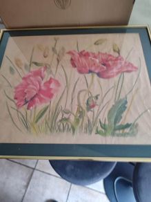 Large Poppy Framed Coter Coloer Signed Adele Sweeny 1990.