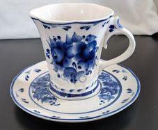 Vintage Russian Gzhel Porcelain Teacup Saucer Katerina Cobalt Blue Stamp