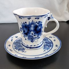 Vintage Russian Gzhel Porcelain Teacup Saucer Katerina Cobalt Blue Stamp