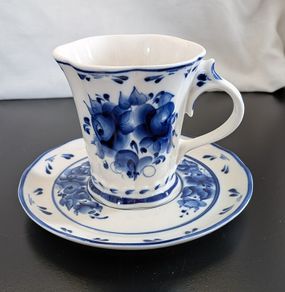 Vintage Russian Gzhel Porcelain Teacup Saucer Katerina Cobalt Blue Stamp