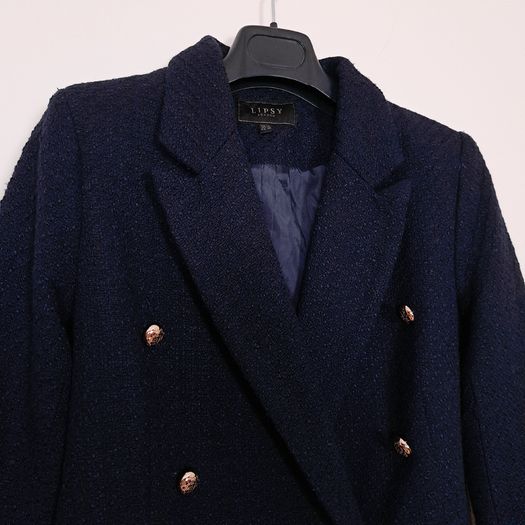 Lipsy Navy Blue Textured Boucle Double-Breasted Tailored Blazer Jacket 10UK/38EU