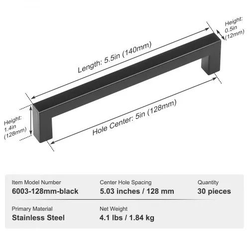 Center Slim Square Kitchen Cabinet Drawer, Stainless Steel Modern Kitchen Cupboard Door Handles for Kitchen Bathroom Bar Hardware Matte Black