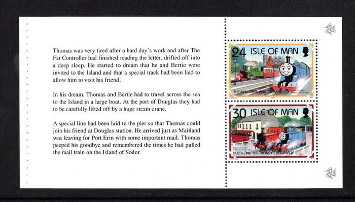 1995 Isle of Man 50th Anniversary of Thomas The Tank Engine Stories by Reverend Awdry Commemorative Stamps Booklet Pane (6) Mint Never Hinged (MNH)
