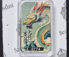Huoyan 2025 1 oz .999 Silver Dragon Colored BU Bar in Sealed Capsule - Scottsdale Mint
