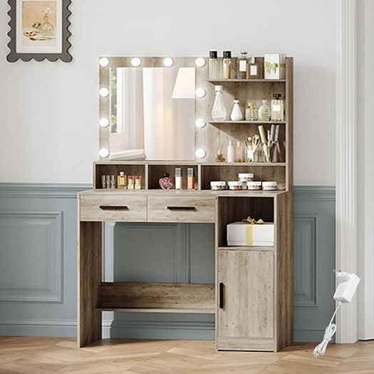 Vanity Desk with Mirror and 10 LED Lights, Makeup Vanity with 3 Shelves & 4 Open Compartments, Dressing Table with 2 Drawer & Cabinet, 3 Adjustable Lighting Brightness,Greige