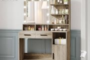 Vanity Desk with Mirror and 10 LED Lights, Makeup Vanity with 3 Shelves &amp; 4 Open Compartments, Dressing Table with 2 Drawer &amp; Cabinet, 3 Adjustable Lighting Brightness,Greige