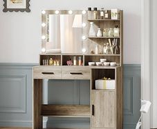 Vanity Desk with Mirror and 10 LED Lights, Makeup Vanity with 3 Shelves & 4 Open Compartments, Dressing Table with 2 Drawer & Cabinet, 3 Adjustable Lighting Brightness,Greige