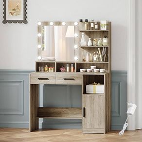 Vanity Desk with Mirror and 10 LED Lights, Makeup Vanity with 3 Shelves & 4 Open Compartments, Dressing Table with 2 Drawer & Cabinet, 3 Adjustable Lighting Brightness,Greige