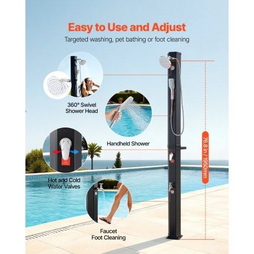 40L Solar Heated Shower, 205cm Showerhead Height Outdoor Shower, with Handheld & Foot Faucet, Hot & Cold Water Adjustment,