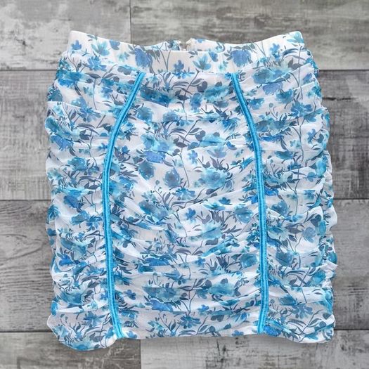 Oh Polly UK12 Blue Floral Ruched Mini Skirt Y2K Bodycon Mesh