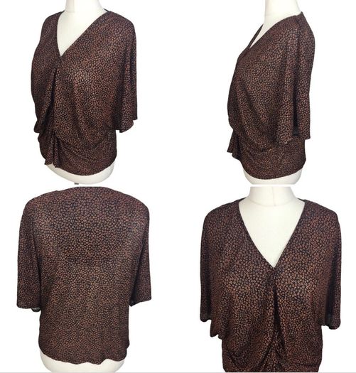 M&s Dark Brown Orange Circle Print Short Dolman Sleeve Rushed Blouse Uk 22