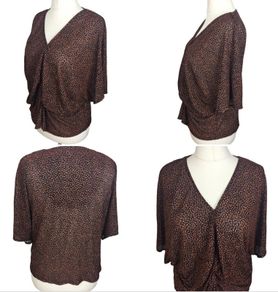 M&s Dark Brown Orange Circle Print Short Dolman Sleeve Rushed Blouse Uk 22