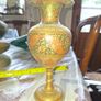 Beautiful Antique Pair of Etched Brass Vase with Red and Floral Enamel Accents Image 2