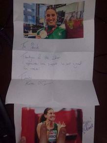 Signed photo and letter from athlete Kate O'Connor