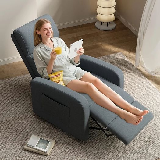 Recliner Armchair for Adults, Hand Push Fabric Recliner Armchair with Adjustable Leg Rest, High-Density Padding & Side Pocket - PU Leather Sofa Lounge Home Living Room