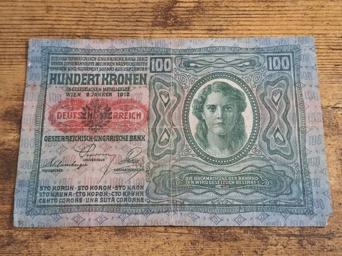 Austria-Hungary, 100 Kronen banknote, 2 January 1912, circulated, with overprint - free standard postage
