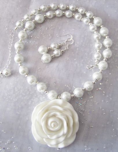 Handmade Statement White Bridal Necklace with Large Rose Pendant & earrings in a GIFT BOX