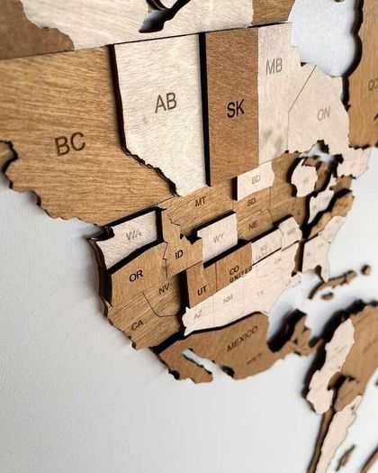 3D Classic Wooden World Map with Country Borders Country Names Capital Names US and Canada Borders and Names 3D Map Effect
