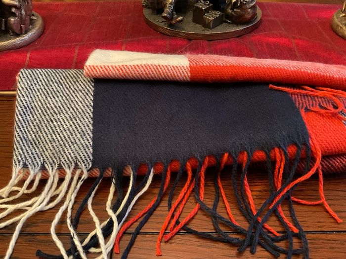 New warm and cosy scarf in shades of rust ,cream black and burnt orange