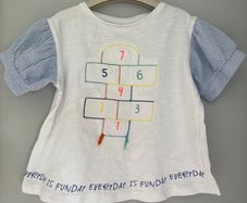 Zara kids white girls T-shirt with blue striped linen sleeves Age 2-3 EUC