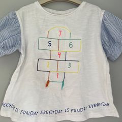 Zara kids white girls T-shirt with blue striped linen sleeves Age 2-3 EUC