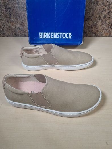 Womens BIRKENSTOCK BARRIE SAND canvas slip on shoes trainers beige brown Size UK 5 EU 38 boys girls unisex BRAND NEW BOXED