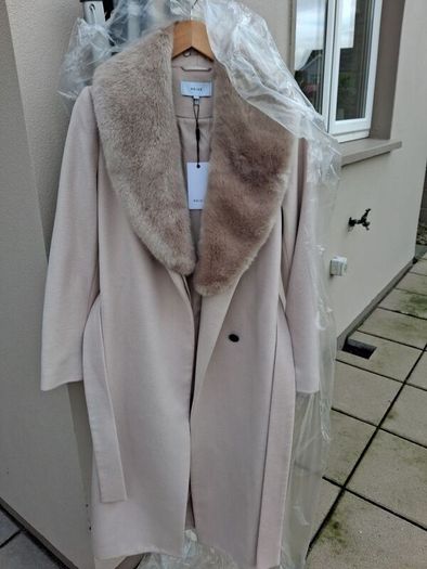 Reiss Long Wool Coat - Removable Faux Fur Collar - UK 10 BNWT RRP 475