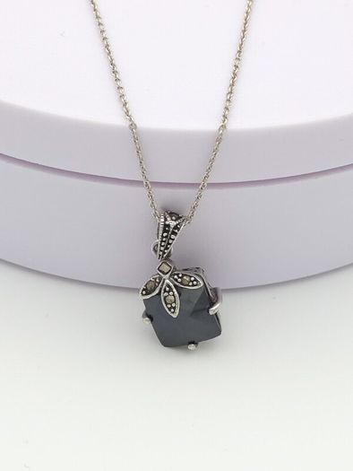 Vintage 925 Sterling Silver, Marcasite & Black Spinel Gothic Necklace