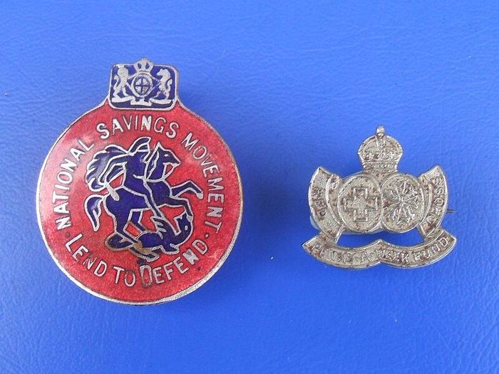 WW2 Red Cross St. John Ambulance & National Savings Movement Lend-to-Defend (wartime savings badges) - two Home Front savings scheme badges (1940s)