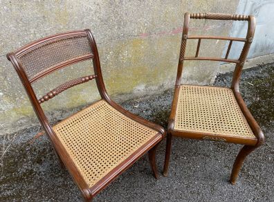 Similar pair of mahogany regency style chairs with cane seats