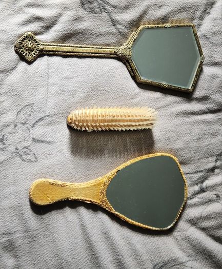 Antique mirror and brush set