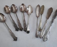 5 epns spoons,  3 epns butter knives, 1 stainless steel butter knife