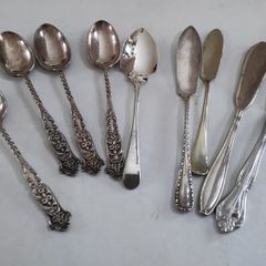 5 epns spoons,  3 epns butter knives, 1 stainless steel butter knife