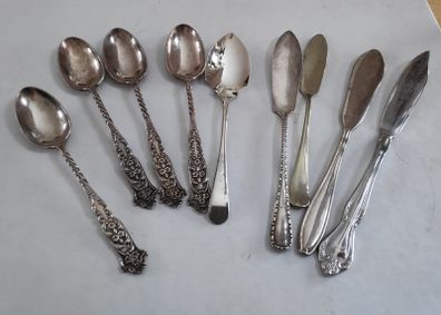 5 epns spoons,  3 epns butter knives, 1 stainless steel butter knife