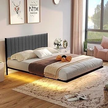 Double Bed Frame with Upholstered Headboard, 4ft6 Floating Bed Frame with Charging Station and LED Light, Metal Slats Support, No Box Spring Needed,Gray Double Bed