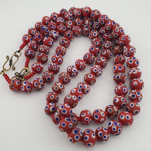 Antique Venetian Style Blue Eyes Red Glass & venetian WhiteHeart Glass Beads Necklace