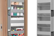Over the Door Storage, Clear Hanging Organiser with 4 Mesh Side Pockets, Anti Tilt 40 lbs Load Behind Door for Dorm, University Essentials, Room, Bedroom, Kitchen, Light Grey, 5 Shelf, 1 Pack