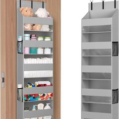 Over the Door Storage, Clear Hanging Organiser with 4 Mesh Side Pockets, Anti Tilt 40 lbs Load Behind Door for Dorm, University Essentials, Room, Bedroom, Kitchen, Light Grey, 5 Shelf, 1 Pack