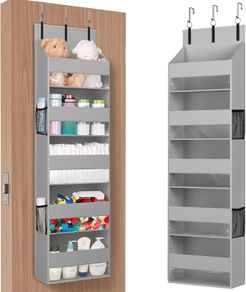 Over the Door Storage, Clear Hanging Organiser with 4 Mesh Side Pockets, Anti Tilt 40 lbs Load Behind Door for Dorm, University Essentials, Room, Bedroom, Kitchen, Light Grey, 5 Shelf, 1 Pack
