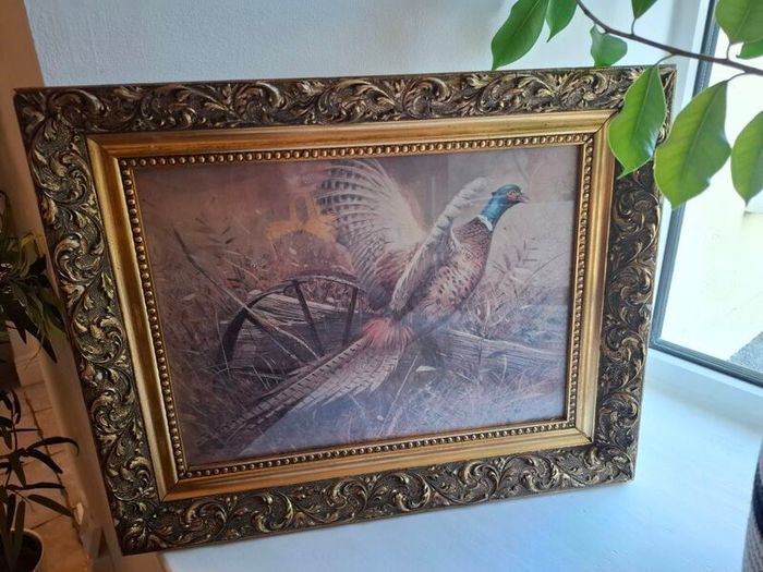 Vintage 1970s framed art print titled "Pheasant and Wagon Wheel" by American Wildlife Artist Robert K. Abbett