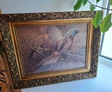 Vintage 1970s framed art print titled "Pheasant and Wagon Wheel" by American Wildlife Artist Robert K. Abbett