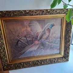 Vintage 1970s framed art print titled "Pheasant and Wagon Wheel" by American Wildlife Artist Robert K. Abbett