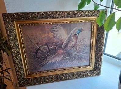 Vintage 1970s framed art print titled "Pheasant and Wagon Wheel" by American Wildlife Artist Robert K. Abbett