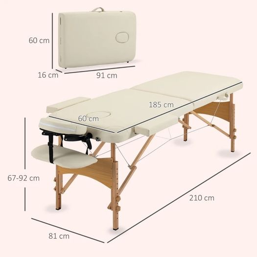 Portable Massage Bed, Foldable Spa Beauty Massage Table with 2 Sections, Carry Bag and Wooden Frame, Cream White